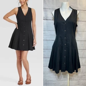 🌼 Universal Thread - Button-Front Godet Mini A-Line Fit & Flared Dress Black S - Picture 1 of 10