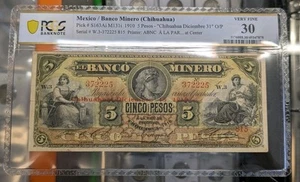 1910 Mexico 5 Pesos. m131i. Banco Minero Chihuahua. "Diciembre 31" O/P. PCGS 30 - Picture 1 of 3