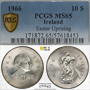 PCGS MS65 1966 Ireland 10 Shilling Easter Uprising Silver Coin 10S - Picture 1 of 12