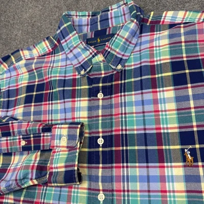 Ralph Lauren 纽扣衬衫男式 2XB 长袖多色格子肉小马 — 第 1/4 张图片