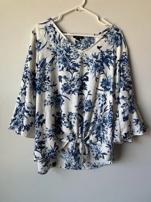 Alyx White and Blue Floral Print Bell Sleeve Tie Front Formal Shirt Top XL - Image 1 of 3