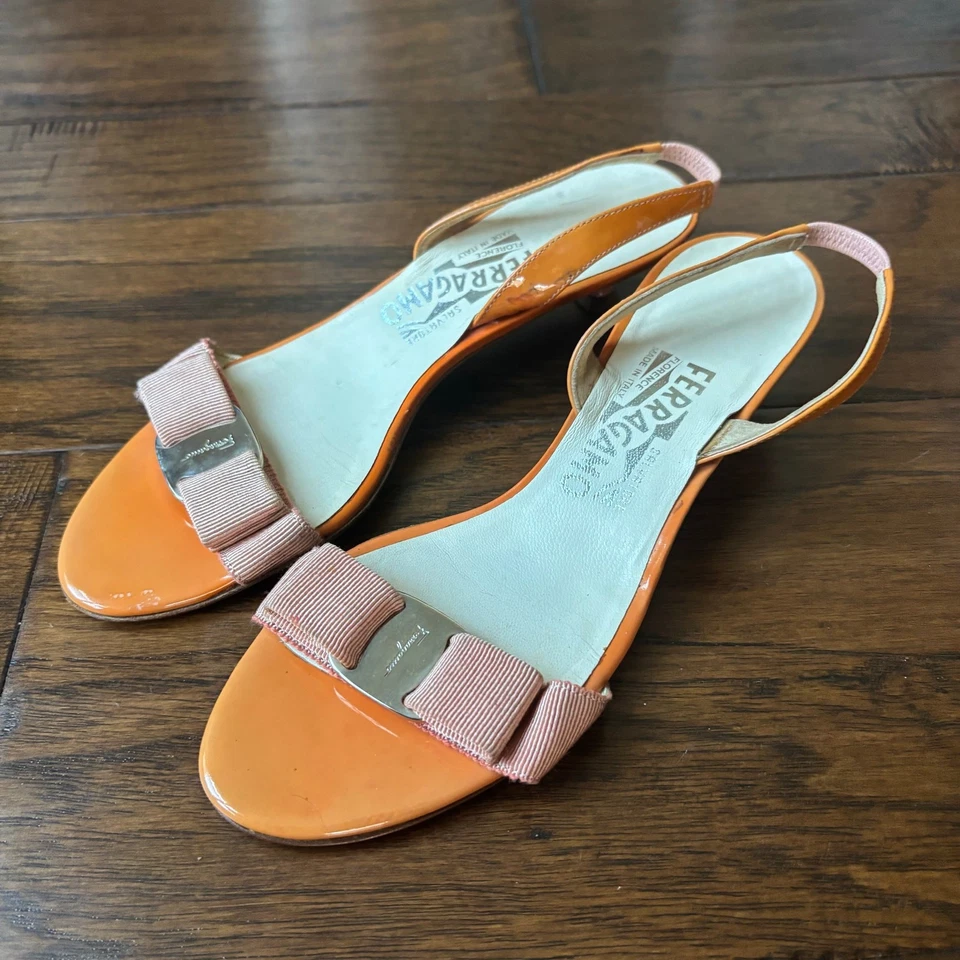 De colección Salvatore Ferragamo Mujer’s Cuero Naranja Gatito Tacones 6.5 Slingback  Foto 1 de 4