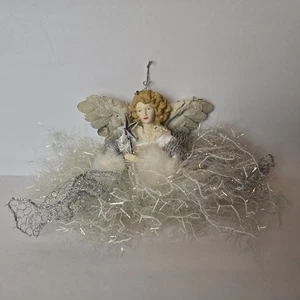 ORNAMENTO ANGELO GLAM VINTAGE GRANDE SOFFICE SCINTILLANTE. Ali in cartapesta viso porcellana - Foto 1 di 10