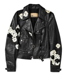 Vintage JOHN GALLIANO Leather Biker Jacket Lace Floral Gazette Lining 4US / 38IT - Picture 1 of 14