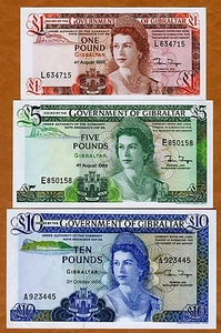 Satz Gibraltar, 1;5;10 Pfund, 1986-1988, Plektren 20e-21b-22b, QEII, UNC - Bild 1 von 2