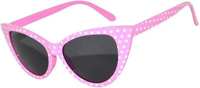 POLKA DOTS CAT EYE PINK FRAME WHITE DOTS SUNGLASSES SMOKE LENS WOMEN UVB UVA - Image 1 of 3