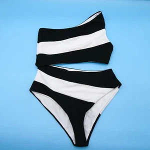 Beach Riot Medium Black White Striped Single Shoulder Cutout One Piece Swimsuit - Picture 1 of 7