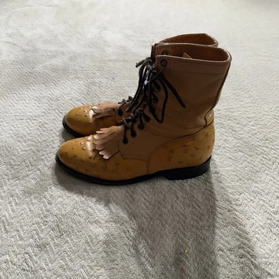 Ben Miller Womens 8B Brown Ostrich Leather Roping Riding Western Cowboy Boots - Image 1 of 4