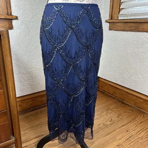 FRENCH CONNECTION  Navy Blue Embellished Beaded Lace Midi Skirt  Size 4 - Picture 1 of 19