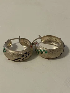 Vintage 925 STERLING SILVER AND ENAMEL Leafed Wide Hoop Earrings - Picture 1 of 7