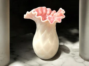 Vintage Rare Fenton Milk Glass Vase, Small Bud Vase, Pink Interior, Ruffled Rim - Picture 1 of 6