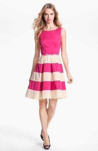 Abito svasato Kate Spade New York rosa caldo colore blocco righe Celina skater 2 = XS