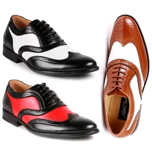 Men's Two Tone Perforated Wing Tip Lace Up Oxford Dress Shoes - Picture 1 of 16