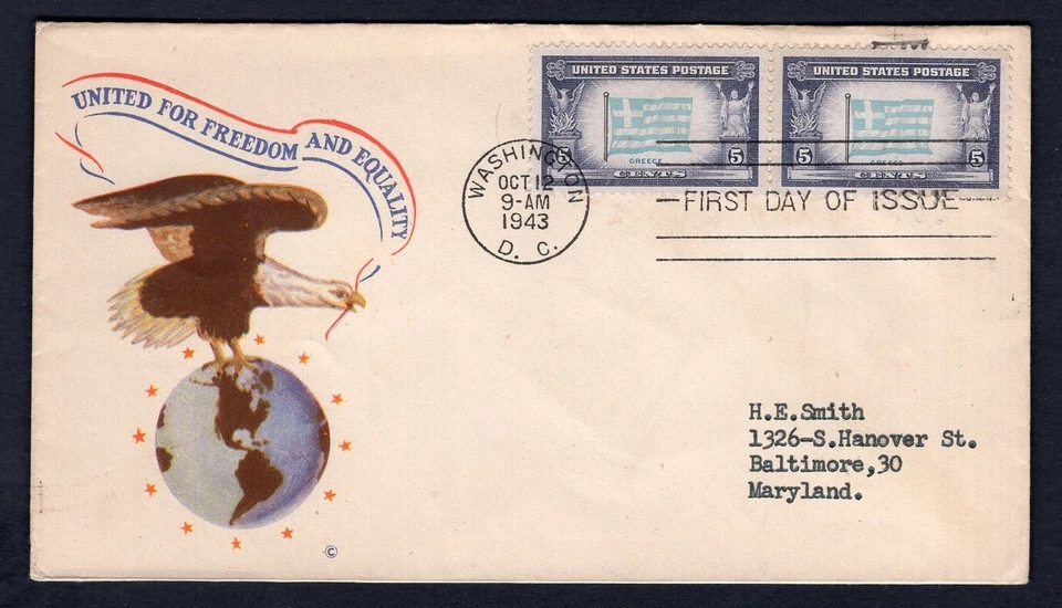 USA 1944 FDC Cover. Overrun Countries. GREECE. Eagle & Globe Cachet - Image 1 of 2