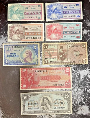 Military MPC Set of 8 = 5¢, 10¢, 25¢, 50¢, $1, $5. $10 & $20 Series 661 (1968-9) - Image 1 of 2