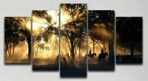 Lona de 5 piezas con impresión de múltiples paneles por la mañana paseo a caballo imagen de pared arte vaquero vida - Imagen 1 de 12