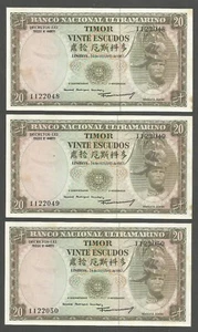 Timor 20 Escudos 24.10.1967; AU+; P-26a, BNB-B128d; Lot of 3 consekutive ser. # - Bild 1 von 2