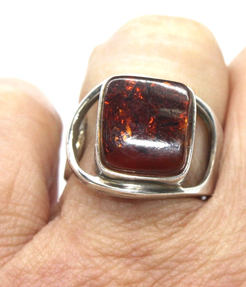 Anillo ámbar cuadrado llamativo en plata de ley talla 7-7,5 ajustable Foto 1 de 4