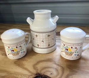 VTG 3 pc Set~Ceramic Country Style Salt & Pepper Shakers w/Milk Can Container - Picture 1 of 10