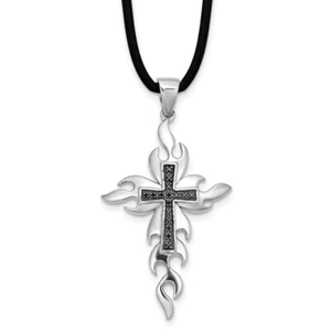 Sterling Silver Rhodium-plated Black Diamond Cross 18 Inch Rubber Cord Necklace - Picture 1 of 3