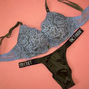 Victoria's Secret 32A BRA SET XS SHINE STRAP panty BLUE lace GREEN velvet Velour - Picture 1 of 4