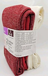 New Girls Pack Of 2 Small 4-6 Fleece Lined Footless Tights Shimmery Red & Ivory - Picture 1 of 6