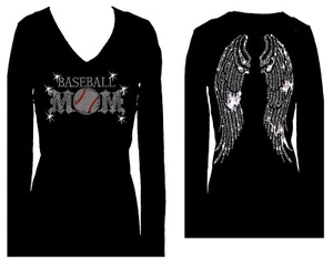 BASEBALL MOM & ANGELS WINGS STRASS V-AUSSCHNITT BLING LANGARM DAMEN T-SHIRT - Bild 1 von 5