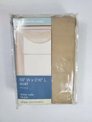 ESSENTIAL HOME VOILE SHEER TAUPE WINDOW SCARF  59 x 216 New  - Image 1 of 4