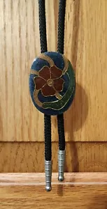 Vintage Blue/Green Cloisonne Style Ladies Bolo Tie with Floral Design - Picture 1 of 3