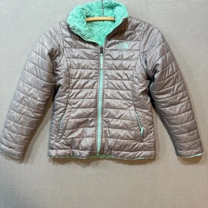 The North Face Puffer Reversible Fleece Gray Mint Green Jacket Coat Girl M 10/12 - Picture 1 of 15