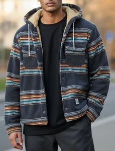 Aéropostale Sherpa gefütterte Jacke mit Kapuze Gr. S hellbraun Fleece Azteken Streifen Knopfleiste - Bild 1 von 12