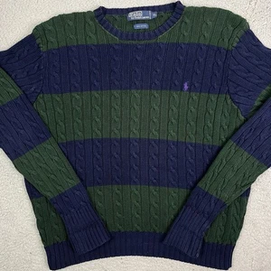 Vintage Polo Ralph Lauren Green Blue Striped Cable Knit Sweater Mens Size XL - Picture 1 of 6