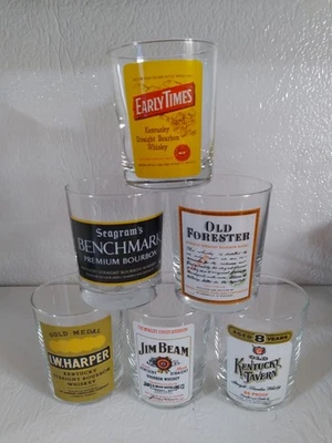 6 VINTAGE ROCKS GLASS VARIOUS BOURBON WHISKEY, EARLY TIMES IW HARPER  JIM BEAM + - Image 1 of 4