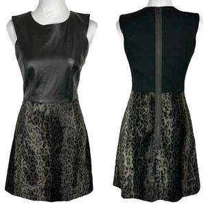 MILLY Black Leather Mini Dress Size 2 Leopard Print Faux Fur Sleeveless Party - Picture 1 of 20