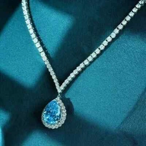 18" Tennis Necklace 20 Ct Pear Cut Lab Created Blue Topaz 14k White Gold Plated - Picture 1 of 4