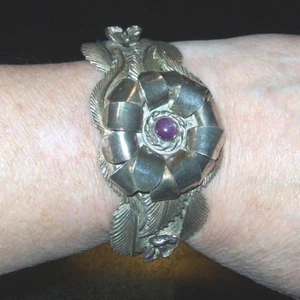 Vintage Sterling Silver & Amethyst Cabochon Cuff Bracelet STAMPED 48+G - Picture 1 of 12