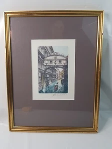 Vintage Original Hand Colored Etching Venice Canal Artist Signed Art Framed - Picture 1 of 15