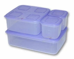 Juego de 4 contenedores modulares Tupperware Clear Mates púrpura claro usados en excelente estado - Imagen 1 de 2