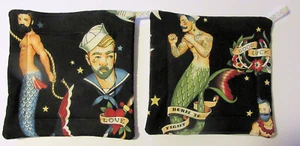 Sexy Tattooed Mermen Quilted Pot Holder / Hot Pad Set of 2 Double Insulated Gay - Picture 1 of 4