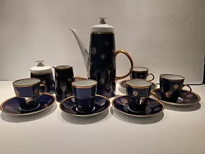 Vintage 60er Jahre Demitasse Kobaltblau Kaffeeservice Lichte Echt Germany Blumenmuster - Bild 1 von 19