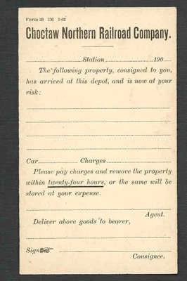 Ca 1901 UX14 MINT FACE CHOCTAW NO. RR CO GOODS DELIVERY NOTICE SCARCE - Image 1 of 2