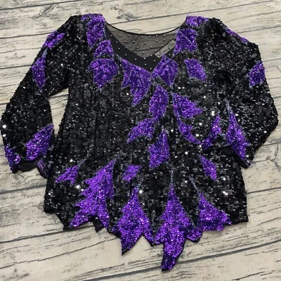 Blusa Top Lillie Rubin De Colección Años 80 Baile 100% Seda Lentejuelas Escote Transparente Tachonado Foto 1 de 4