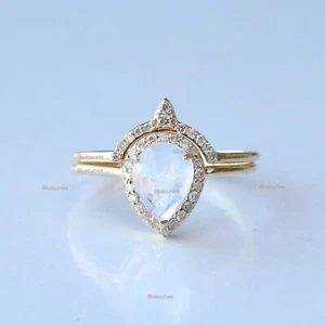 Real Pear Moonstone Gemstone Two Ring Set Solid 14k Yellow Gold Handmade Jewelry - Picture 1 of 10
