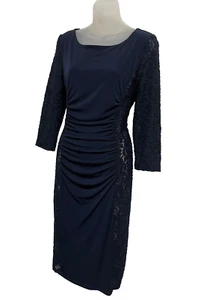 Midi Dress Bodycon Phase Eight Size 16 Navy Lace Stretch Ruched 3/4 Sleeve NEW - Picture 1 of 14