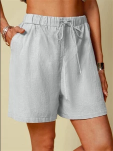 Women Shorts Straight Wide Leg Shorts Elastic Waist Shorts Summer Linen Shorts - Picture 1 of 17