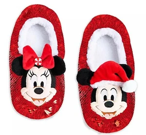 Disney Mickey & Minnie Mouse Sequin Red Green Reversible Slippers Sock M 7/8 - Picture 1 of 4