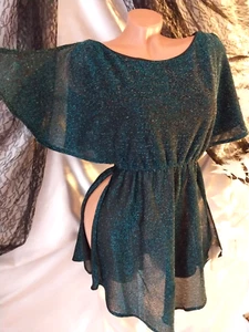 VTG SILKY METALIC BLUE WHIMSIGOTH ANGEL SLV DB LAYER SHINY DISCO BLOUSE HAUTE ML - Picture 1 of 15