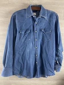 Camisa Western Vintage Wrangler Denim Perla A Presión Para Hombres Grande Diente de Sierra Bolsillos Azules - Imagen 1 de 8