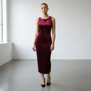 Vestido De Colección Años 80 Borgoña Terciopelo Talla M Maxi Bodycon Elastizado Fiesta de Vacaciones Año Nuevo - Imagen 1 de 14