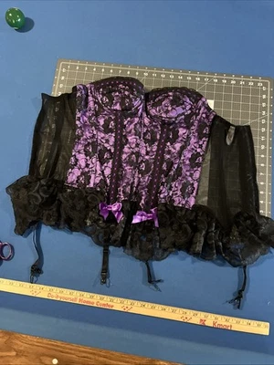 VTG Fredericks Of Hollywood Corset Bustier Size 34 Purple / Black Lace Garter  - Image 1 of 4